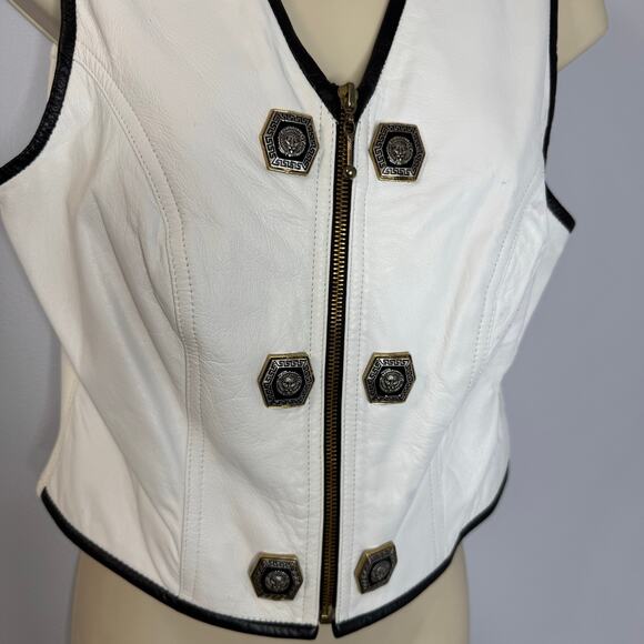 Cache Vintage White Leather Vest Full Zip Crest Gold Buttons Detail Stretch - Picture 7 of 13